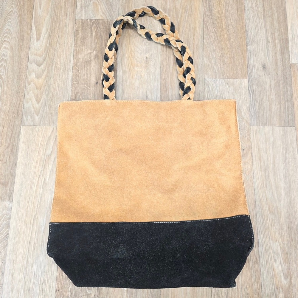 Isadora Tan Suede Leather Tote Bag Black Bottom Braided Handles Boho‎ Chic